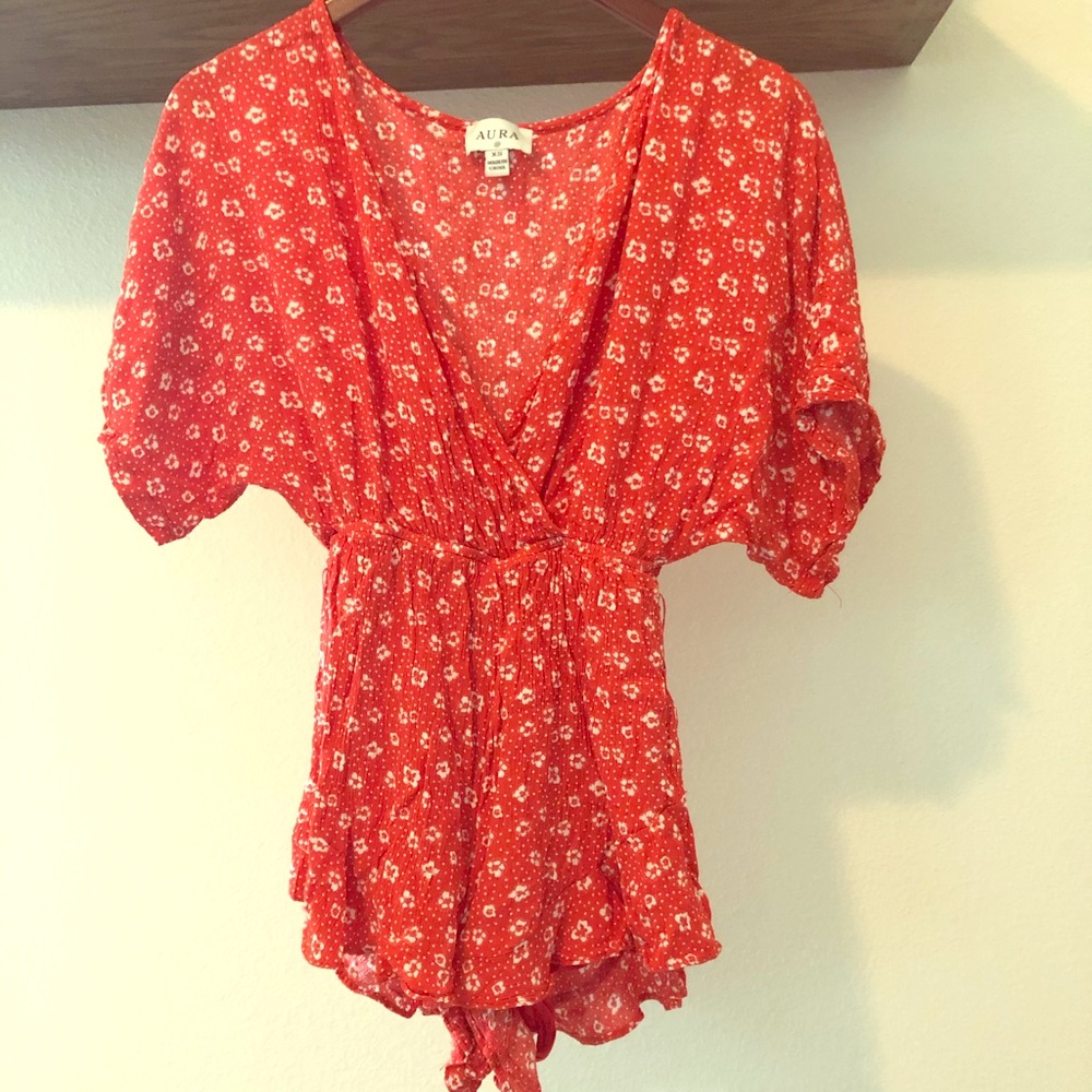 Red floral romper